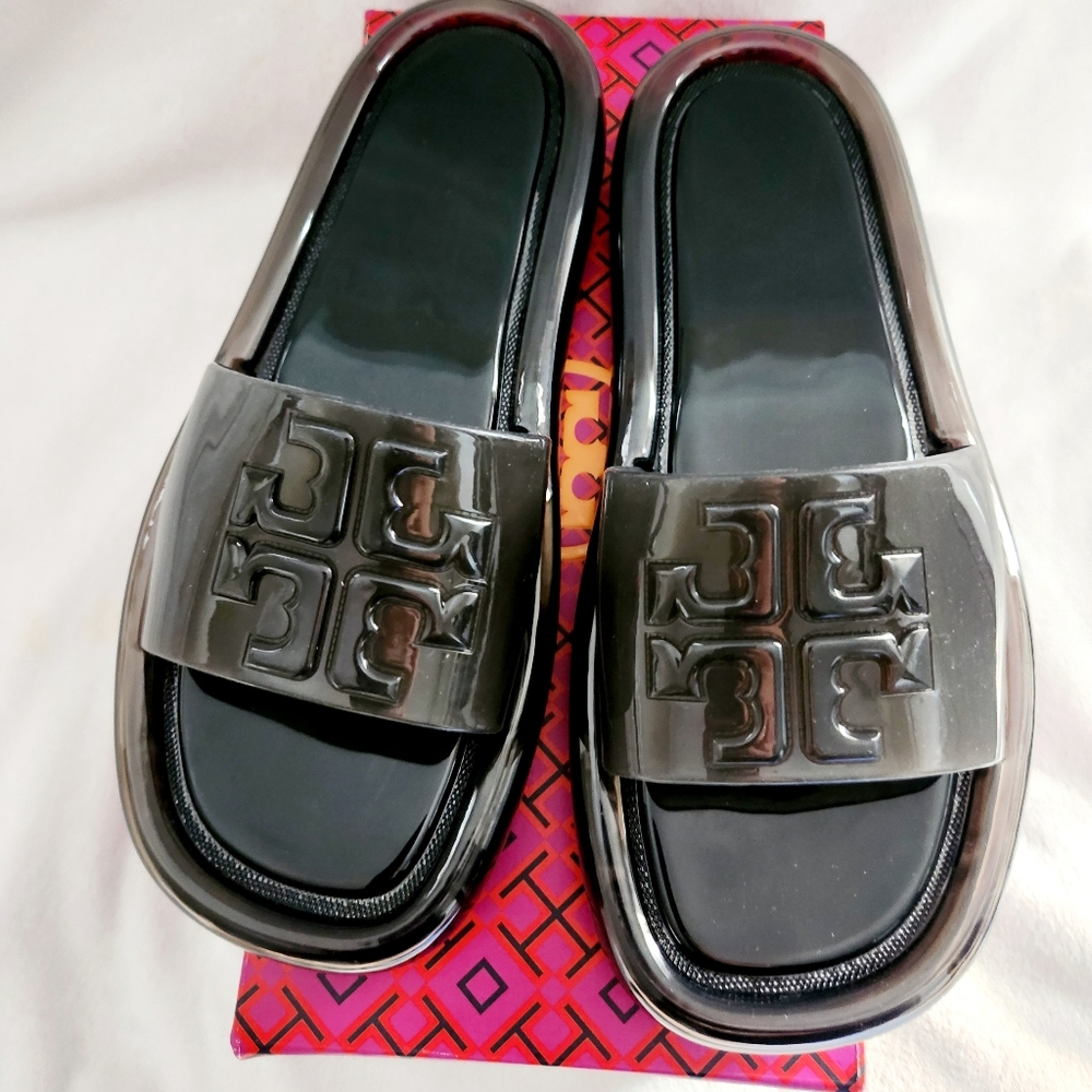 Tory Burch Black Patent Logo Slide Sandals